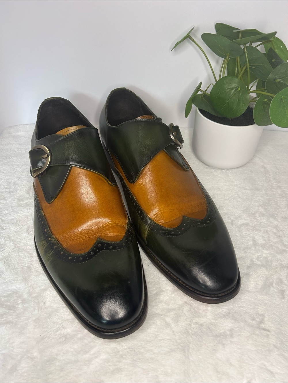 Carrucci Men's Two-Tone Leather Monk Strap Shoes - Olive/Caramel